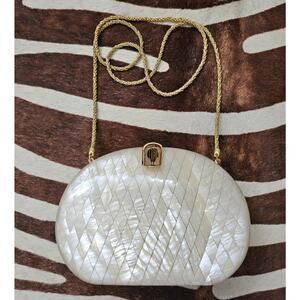 Elegant Vintage Italian Evening Clutch by Vanessa Mother Of Pearl Gold Chain